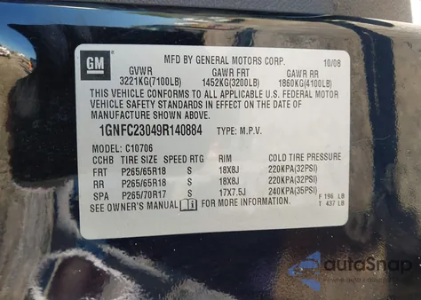 2009 Chevrolet Tahoe Lt2 z USA, uszkodzony, nr VIN 1GNFC23049R140884